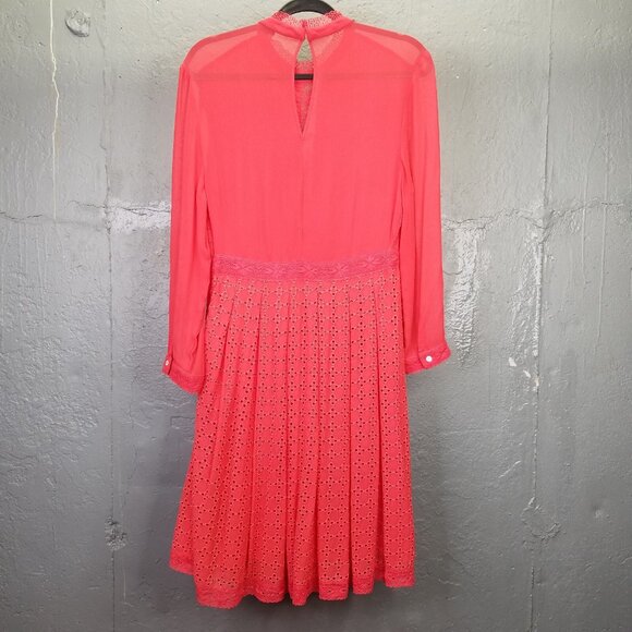 Allsaints Lilith Dress Sz 6 Eyelet Fit & Flare A-Line Coral Red Lace Sheer Lined - Picture 11 of 16